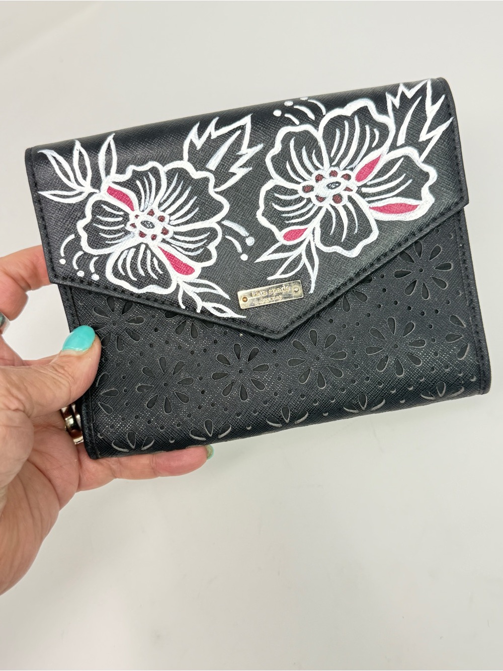 Kate Spade Perforated Flowers Monday Black Leather Envelope Clutch Hand Painted